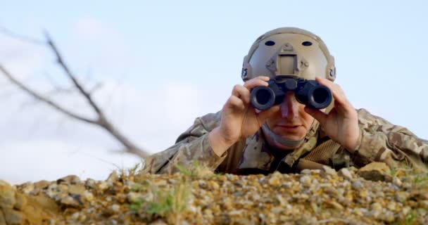 Front View Military Soldier Looking Binoculars Military Training Military Soldier — Stock Video