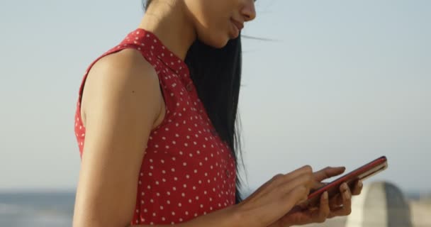Vista Lateral Mulher Mestiça Usando Telefone Celular Passeio Mestiço Mulher — Vídeo de Stock