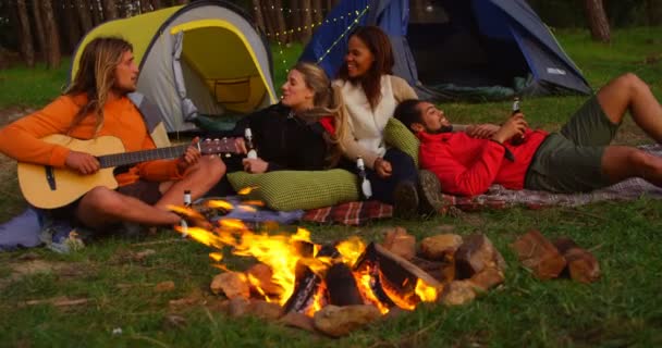 朋友们在森林里的篝火旁玩得很开心 朋友们一起在森林里露营4K — 图库视频影像