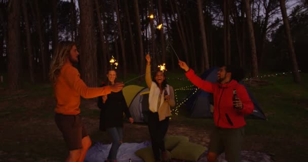 Prieteni Care Distrează Scântei Pădure Prieteni Camping Împreună Pădure — Videoclip de stoc