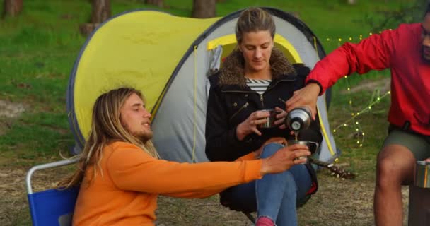 朋友们在森林野营帐篷附近喝咖啡 朋友们一起在森林里露营4K — 图库视频影像