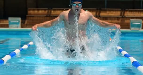 男游泳运动员在赢得比赛后做出反应 男子在游泳馆 中央欢呼 — 图库视频影像