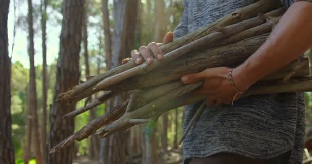 人的中部部分拿着木棍走在森林里 在森林里露营的人4K — 图库视频影像