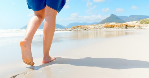 Sección Baja Mujer Caminando Descalza Playa Día Soleado Ella Está — Vídeos de Stock