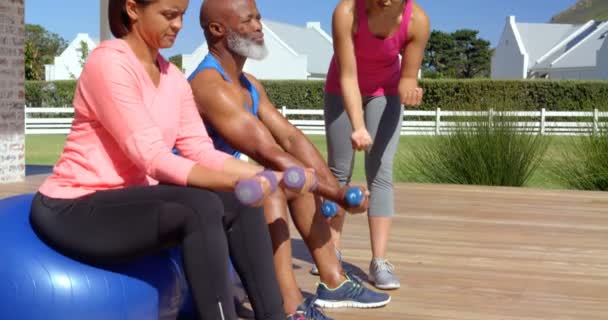 Treinador Pessoal Misto Ajudando Casal Negro Sênior Exercício Quintal Sua — Vídeo de Stock