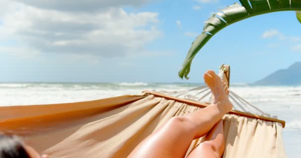 Young Caucasian Woman Sleeping Hammock Beach She Asleep Hammock — Stock Video