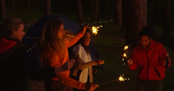 Друзья Веселятся Бенгальскими Огнями Лесу Друзья Отдыхающие Вместе Лесу — стоковое видео