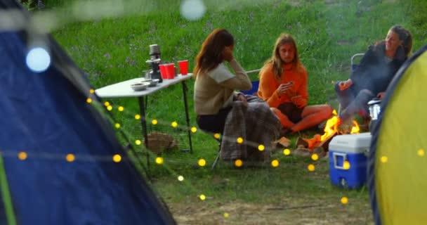 Amici Che Divertono Vicino Falò Nella Foresta Amici Campeggio Insieme — Video Stock