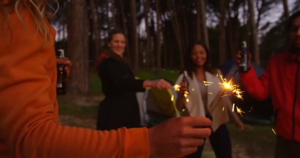 Amigos Divirtiéndose Con Bengalas Bosque Amigos Acampando Juntos Bosque — Vídeos de Stock