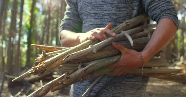 Mittelteil Des Menschen Mit Holzstäben Die Wald Stehen Mann Campiert — Stockvideo