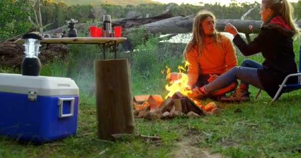 Young Man Feeding Woman Marshmallow Campfire Couple Roasting Marshmallow Campfire — Stock Video