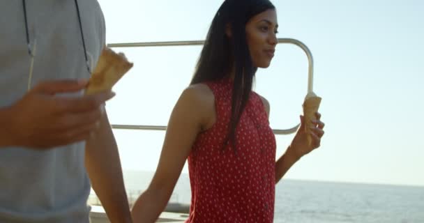 Mixed Race Couple Walking Ice Cream Cones Promenade Couple Holding — Stock Video
