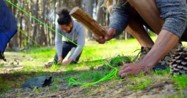 Güneşli bir günde ormandaki çadır kurma arkadaşlar. 4 k ormanda kamp arkadaşları
