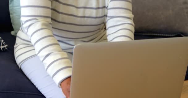 自宅の居間でノート パソコンを使用して古いアジアの年配の女性のフロント ビュー 彼女は の自宅のソファーに座ってください — ストック動画