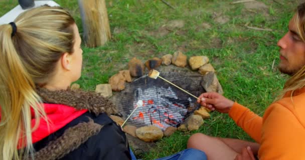 Young Man Feeding Woman Marshmallow Campfire Couple Roasting Marshmallow Campfire — Stock Video