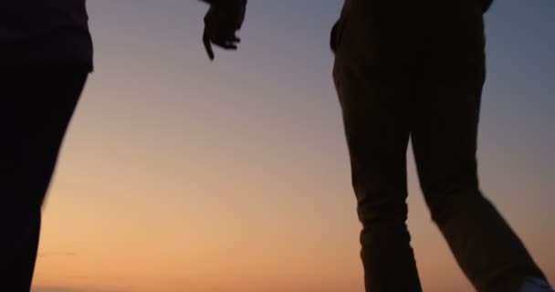 Σιλουέτα Του Ανάμικτο Ζευγάρι Κρατώντας Χέρια Που Τρέχει Στην Παραλία — Αρχείο Βίντεο