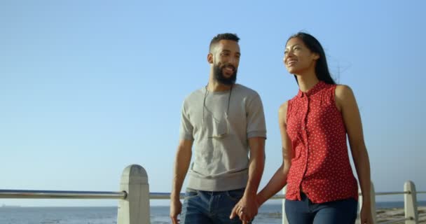 Jong Gemengd Ras Paar Wijzen Zee Tijdens Een Wandeling Promenade — Stockvideo