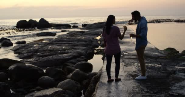在日落时在海滩上喝酒的混血儿 海滩4K 的混血情侣剪影 — 图库视频影像