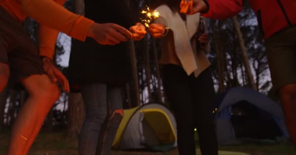 Vista Ángulo Bajo Amigos Divirtiéndose Con Bengalas Bosque Amigos Acampando — Vídeo de stock