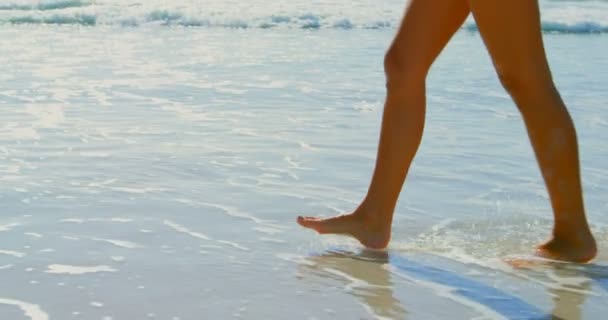 Baixa Seção Mulher Andando Praia Praia Ela Está Andando Descalça — Vídeo de Stock