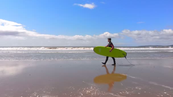 Mannelijke Surfer Wandelen Met Surfboard Strand Een Zonnige Dag Mannelijke — Stockvideo