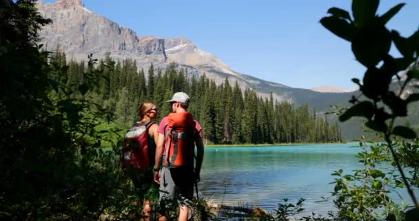 Vue Arrière Jeune Couple Randonneurs Caucasiens Avec Des Sacs Dos — Video