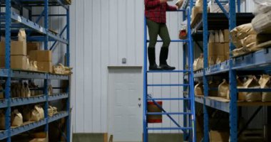 Yan görünüm denetimi beyaz kadın işçi mallar depoda 4 k Paketli.