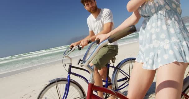 Couple Interacting Each Other Beach Bicycles Calm Sea Beautiful Sky — Stock Video