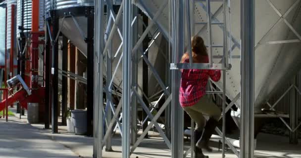 Rear View Caucasian Female Worker Climbing Ladder Storage Tank Big — Stock Video