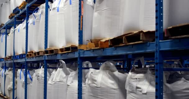将货物包装在仓库的高机架上 排的货物 — 图库视频影像