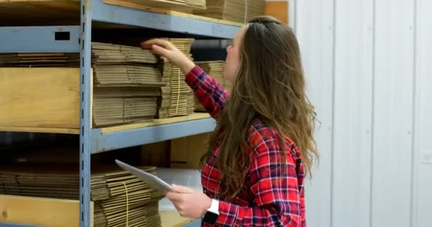 Vue Latérale Une Travailleuse Caucasienne Vérifiant Les Stocks Dans Entrepôt — Video