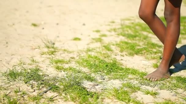 Boy Playing Football Ground Low Section Boy Kicking Football — Stock Video