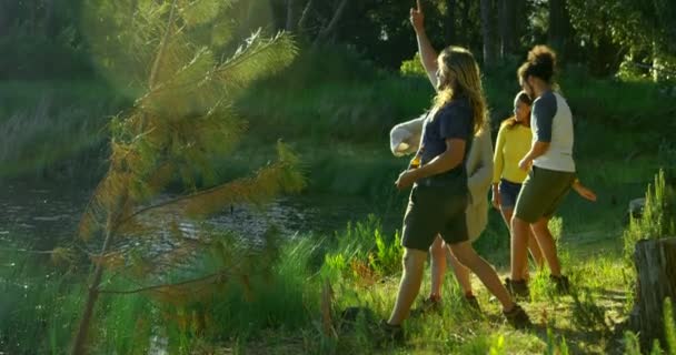 Vista Lateral Amigos Divirtiéndose Cerca Orilla Del Lago Amigos Divirtiéndose — Vídeo de stock