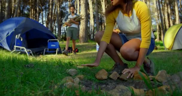 Mujer Preparando Hoguera Bosque Día Soleado Hombre Llevando Palos Madera — Vídeo de stock