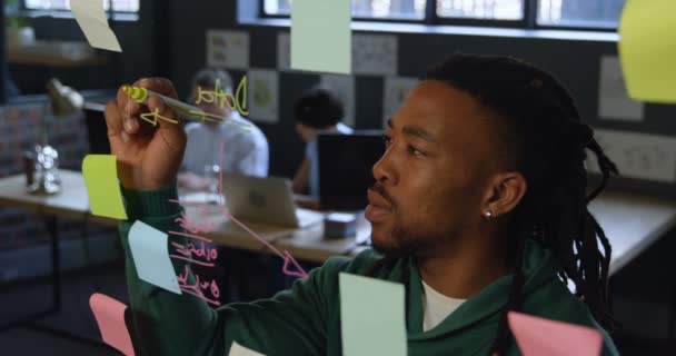 Homme exécutif écrit sur le mur de verre dans le bureau. Chers collègues travaillant en arrière-plan 4k 