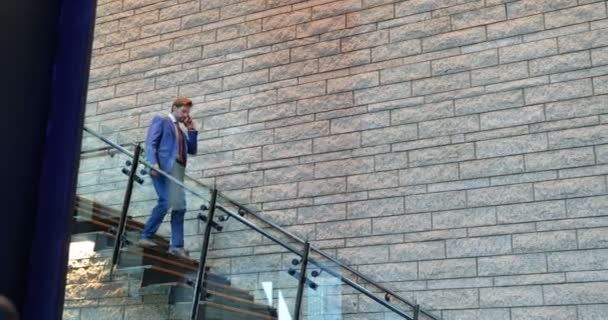 Бизнесмен Разговаривает Мобильному Телефону Офисе Бизнесмен Спускается Лестницы — стоковое видео