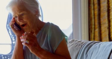 Yan Kafkas üst düzey kadın rahat evde cep telefonunda söz eski görüntüleyin. 4 k kanepede rahatlatıcı