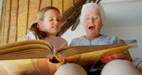 白种人外婆和孙女看相册的低视角 他们在互相互动4K — 图库视频影像