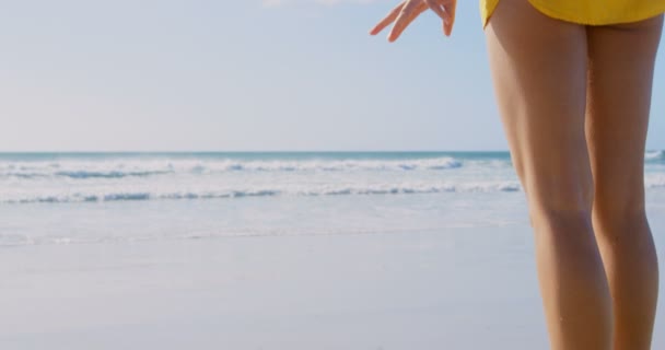 Вид Сзади Молодую Женщину Соломенной Шляпе Стоящую Пляже Смотрит Vew — стоковое видео