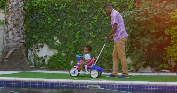 若い黒人の父と自宅の裏庭で遊ぶ幼い息子の側面図です の三輪車を押しての父 — ストック動画