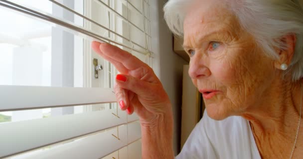 自宅の窓のブラインドを通して見る白人の年配の女性のクローズ アップ 彼女は好奇心旺盛で熱心な — ストック動画