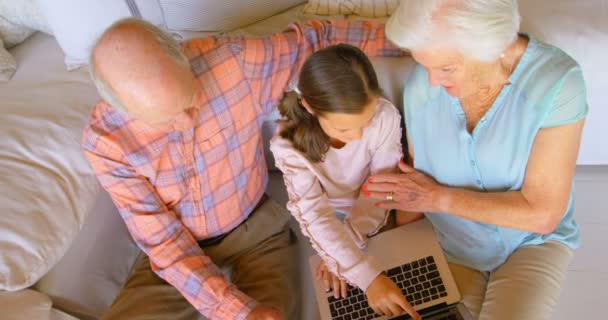 Vista Alto Ângulo Família Várias Gerações Caucasiana Usando Laptop Uma — Vídeo de Stock