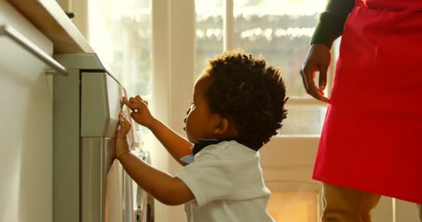 Vista Lateral Lindo Pequeño Hijo Negro Jugando Lavadora Cocina Casa — Vídeo de stock