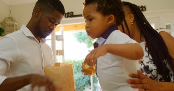 Vista Lateral Joven Familia Negra Que Busca Bolsa Comestibles Cocina — Vídeos de Stock