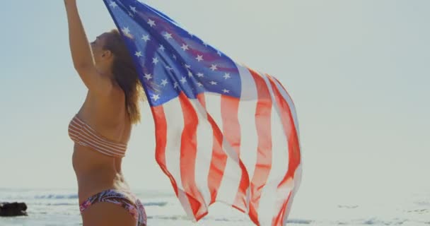 ビーチでアメリカの国旗を保持の若い白人女性の側面図です 彼女の手は ではためくアメリカの国旗 — ストック動画