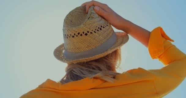 Vrouw Stro Hoed Het Strand Achteraanzicht Van Vrouw — Stockvideo