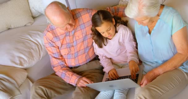 Hochwinkelaufnahme Einer Kaukasischen Mehrgenerationenfamilie Mit Laptop Einem Komfortablen Zuhause Sie — Stockvideo