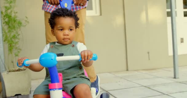 Front View Cute Little Black Boy Riding Tricycle Back Yard — Stock Video