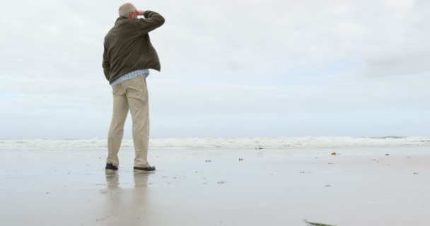 ビーチに立っている古い白人の年配の男性のリアビュー 彼が目をシールドと 表示を見て — ストック動画