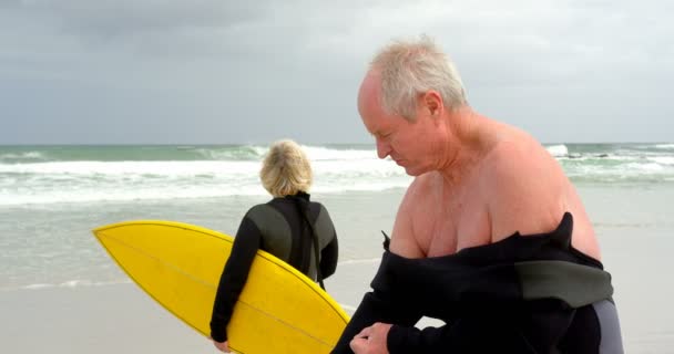 Vecchio Uomo Anziano Caucasico Con Muta Spiaggia Vecchia Donna Anziana — Video Stock